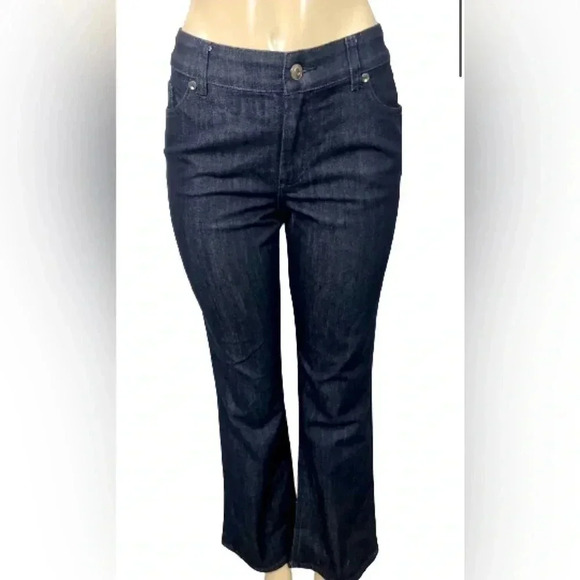 Chicos Blue Denim Jeans flair Cropped Platinum sequin jeweled Pockets - Picture 6 of 15